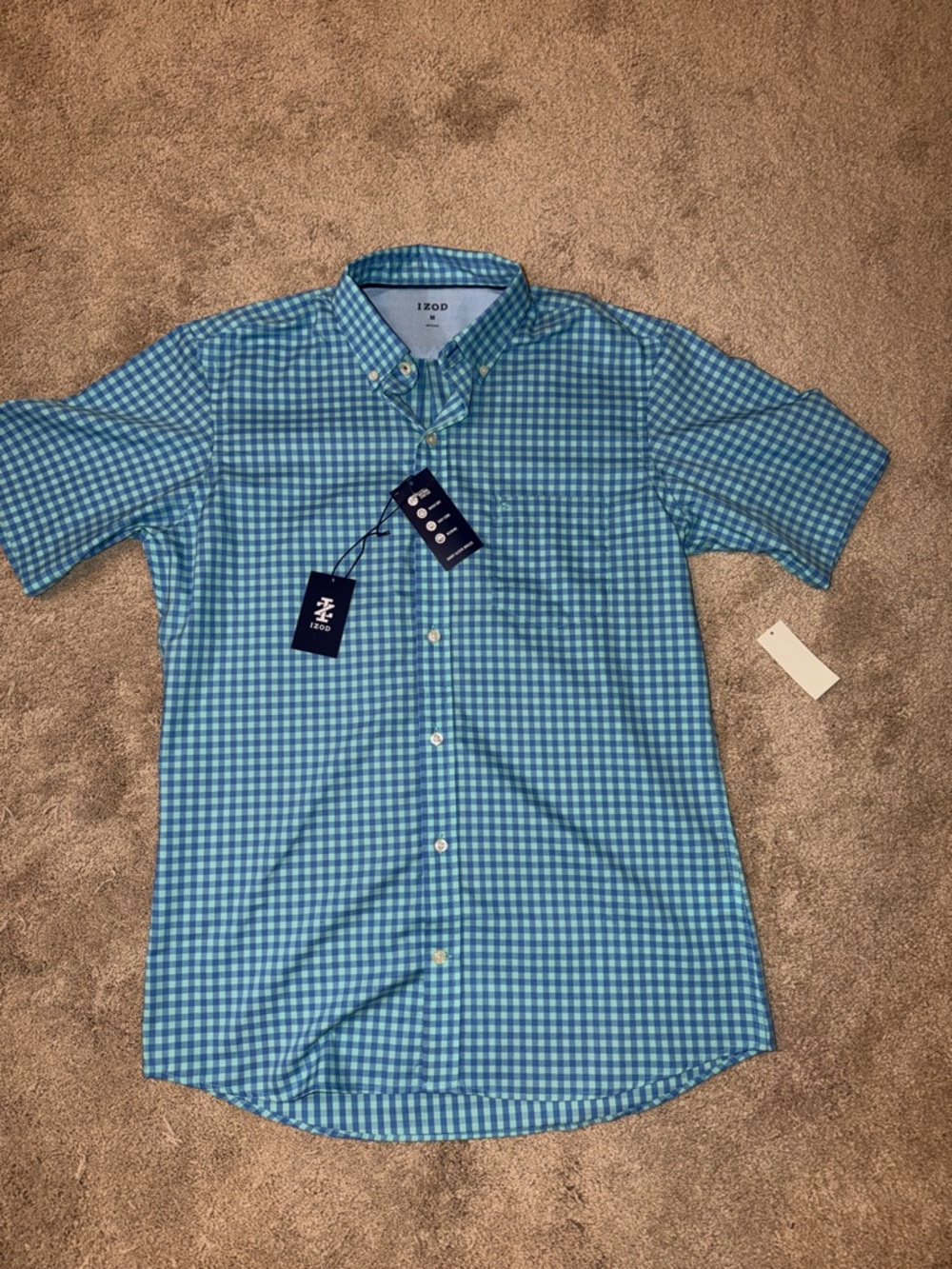 Izod Blue Gingham Short Sleeve Button-Down Shirt